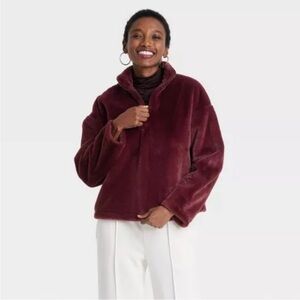 Maroon quarter zip faux fur fleece